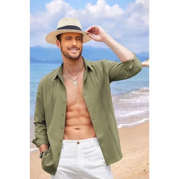 ❤️Mens Green Cuban Shirt Casual Button Down Shirts Long Sleeve Beach  Shirts - Picture 2 of 7